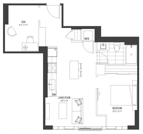 Floor plan for 1 bed, 1 bath, 719 sqft